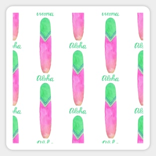 Watercolor pattern with surfboard and word Aloha Sticker